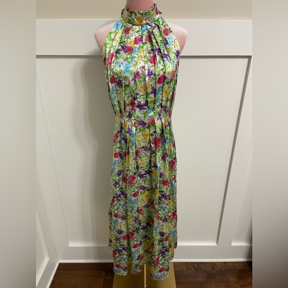 Les Reveries 100% Silk Rose Orchid Pleated Bow Maxi Dress Size 8 - Picture 4 of 13